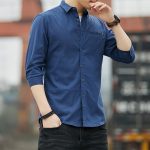 Men Slim Fit Casual Shirt Grey Seven-Point Sleeve - Image 3