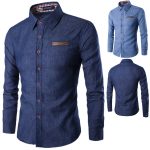 Men Denim Long Sleeve Shirt Light Blue Office Wear
