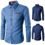 Men Denim Long Sleeve Shirt Light Blue Office Wear - Image 2